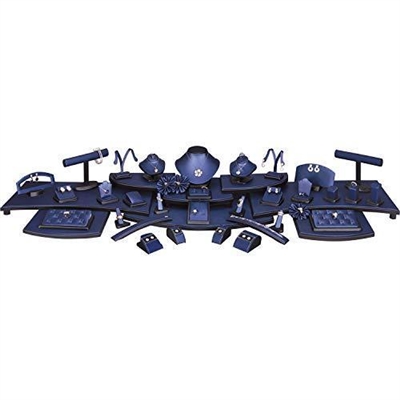 SET42-R88 Jewelry Display Set -Steel Blue w/Black Leather Trim Combination Stand Holder - 57 Pieces