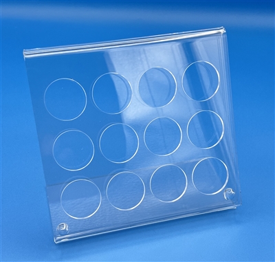Clear acrylic gem jar stand holding 12 round jars for jewelry and gemstone display