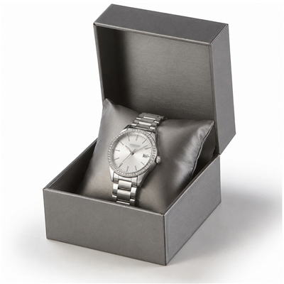 Metallic silver leatherette pillow box with watch display pillow