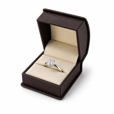 Chocolate Roll Top Ring Box with Beige Interior and Chocolate Ribbon