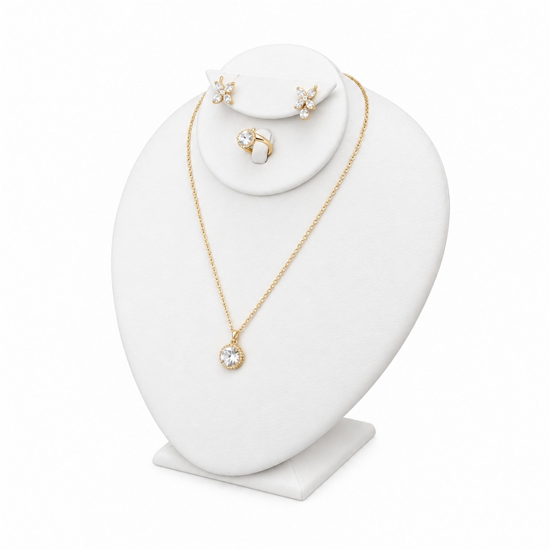 171-3LT-WH White Combination Necklace Ring and Earring Bust Display