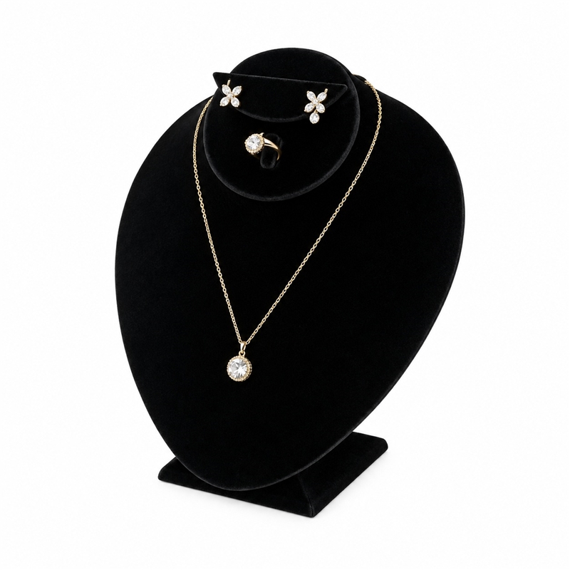 171-3T-BK Black Velvet Necklace Ring and Earring Bust Display