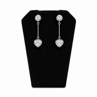 Black velvet earring and pendant display stand holding one pair of earrings for jewelry showcase and retail display.