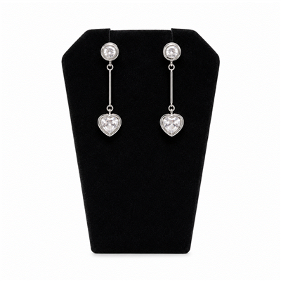 Black velvet earring and pendant display stand holding one pair of earrings for jewelry showcase and retail display.