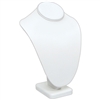 White leatherette earring and pendant display stand designed to hold one pair of earrings or a single pendant for jewelry showcases and retail displays.