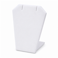 White leatherette earring and pendant display stand designed to hold one pair of earrings or a single pendant for jewelry showcases and retail displays.