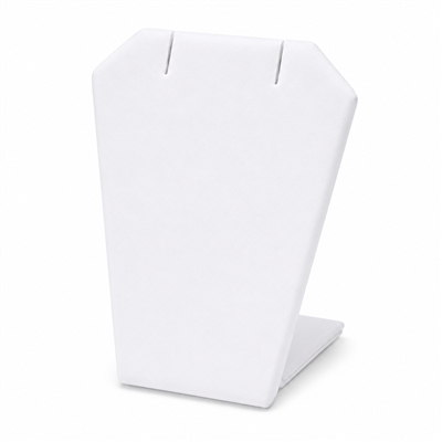 White leatherette earring and pendant display stand designed to hold one pair of earrings or a single pendant for jewelry showcases and retail displays.