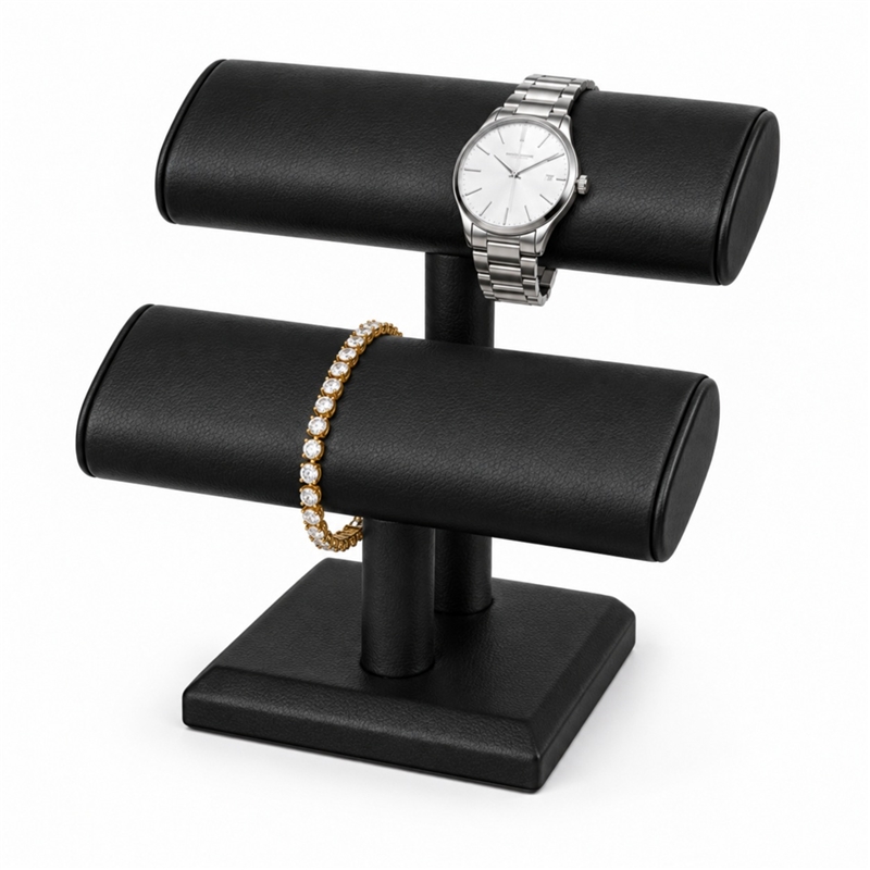 218-2AL BK black leather double oval T-bar watch and bracelet display