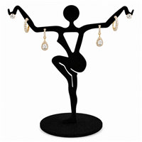 Black metal earring display stand holding three pairs of earrings