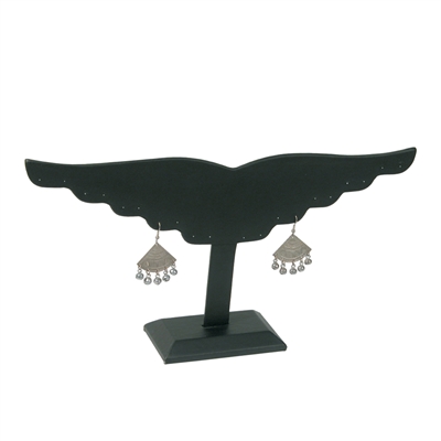 Black wing-shaped faux leather earring display stand holding earrings