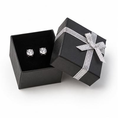 3112/BK Black Stud Earring Gift Box with Silver Bow