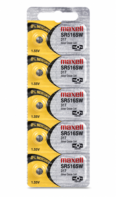 Maxell 317 SR516SW 1.55V Silver Oxide Watch Battery 5 Pack