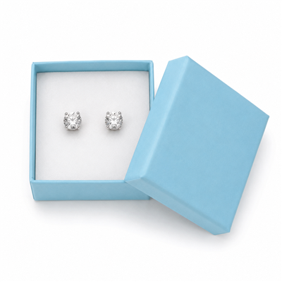 Light blue paper earring box with stud earrings