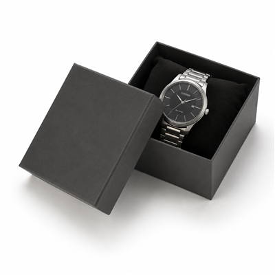 Black paper watch and bangle box with black pillow and wristwatch