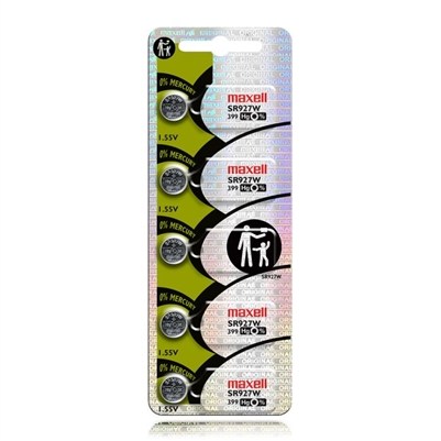 Maxell 399 SR927W silver oxide watch battery 1.55V mercury free 5 pack