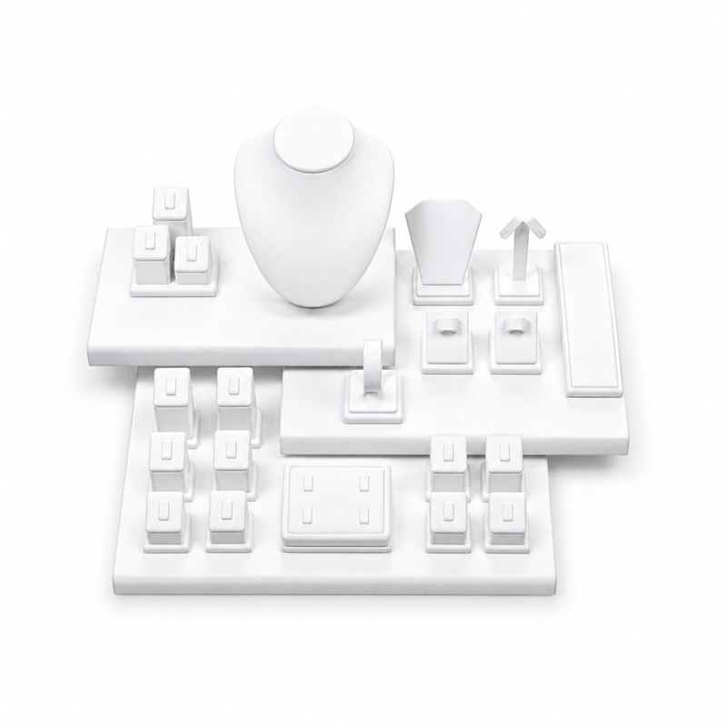 6061/WH White Leatherette Jewelry Display Set for Rings Earrings Necklaces and Pendants