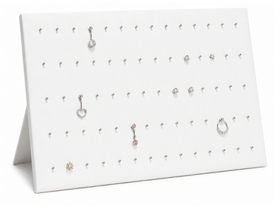 White leatherette body jewelry display pad with easel and 54 hooks
