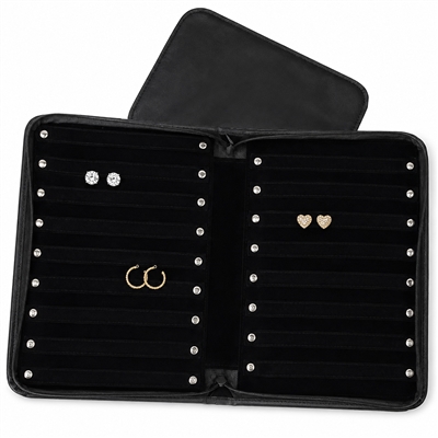 Black Leather Earring Display Carrying Case with Velvet Interior