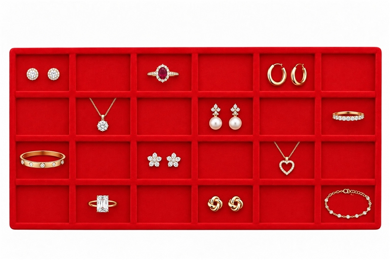 96-24/RED Red Velvet Full-Size Jewelry Tray Liner with 24 Compartments