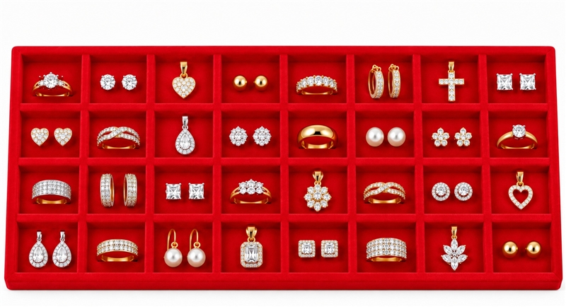96-32(RED) Red Velvet Full-Size Jewelry Tray Liner with 32 Sections for Puff Pads