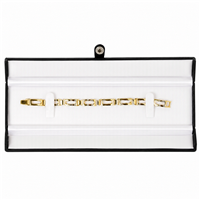Black faux leather bracelet jewelry box with snap-tab closure, black interior, and two-piece bracelet packer.
