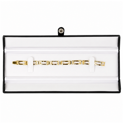 Black faux leather bracelet jewelry box with snap-tab closure, black interior, and two-piece bracelet packer.