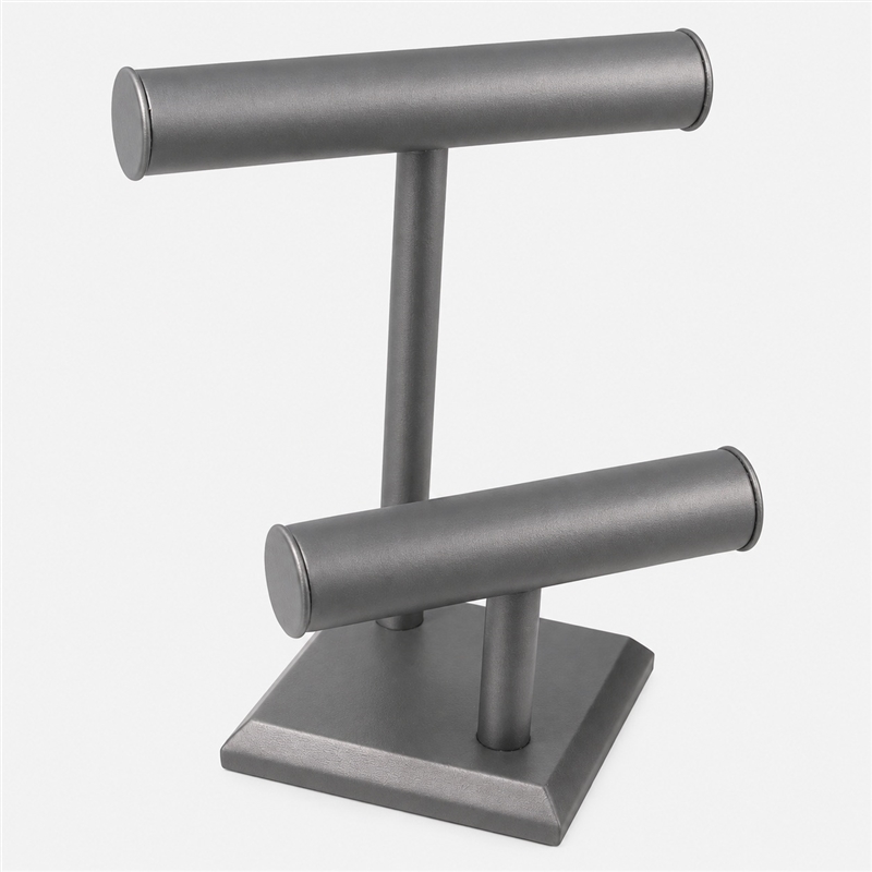 Steel Grey Faux Leather Double T-Bar Bracelet and Watch Jewelry Display Stand