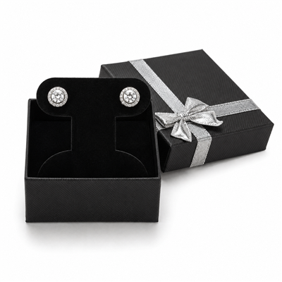 Black earring jewelry box with silver bow and stud earrings