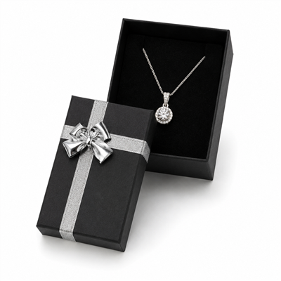 Black pendant jewelry box with silver bow and necklace pendant