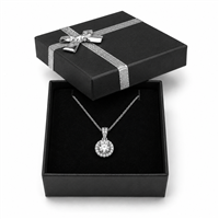 Black pendant and chain jewelry box with silver bow and necklace