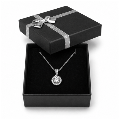 Black pendant and chain jewelry box with silver bow and necklace
