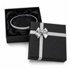 Black bangle jewelry box with silver bow and bracelet