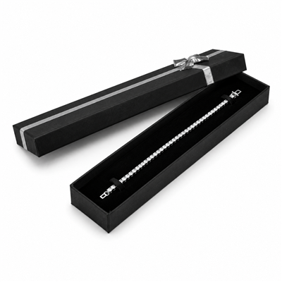 Black bracelet and watch jewelry box with silver bow and luxury bracelet