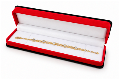 Luxury red velvet bracelet jewelry box with black trim and bracelet display