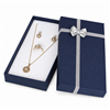 Navy Blue Linen Jewelry Set Gift Box with Silver Bow and White Flocked Foam Insert