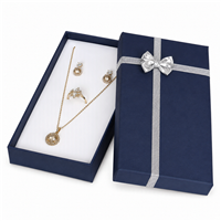 Navy Blue Linen Jewelry Set Gift Box with Silver Bow and White Flocked Foam Insert
