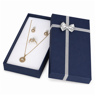 Navy Blue Linen Jewelry Set Gift Box with Silver Bow and White Flocked Foam Insert