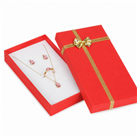 Red Linen Jewelry Set Gift Box with Gold Bow and White Flocked Foam Insert
