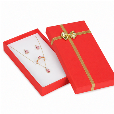 Red Linen Jewelry Set Gift Box with Gold Bow and White Flocked Foam Insert