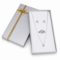 Silver Jewelry Set Gift Box with Gold Bow and White Flocked Foam Insert