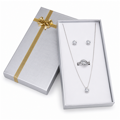 Silver Jewelry Set Gift Box with Gold Bow and White Flocked Foam Insert