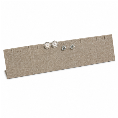Linen earring and pendant display stand holding six pairs of jewelry