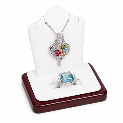 Mini necklace and ring display with white leather finish and rosewood base