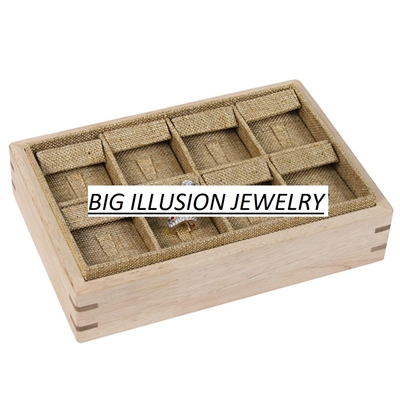 F68N-N3 Burlap Earring and Ring Showcase Tray with Natural Wood Trim