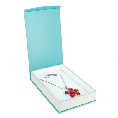 Teal Blue Magnetic Necklace Gift Box with White Insert and Protective Sleeve