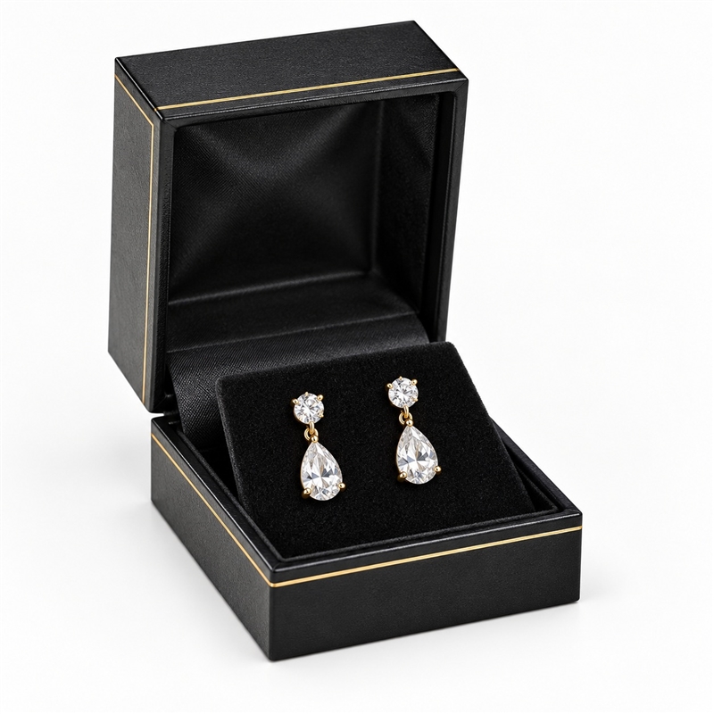 LE3(BK) Black Leatherette Earring Box with Gold Trim and Black Interior