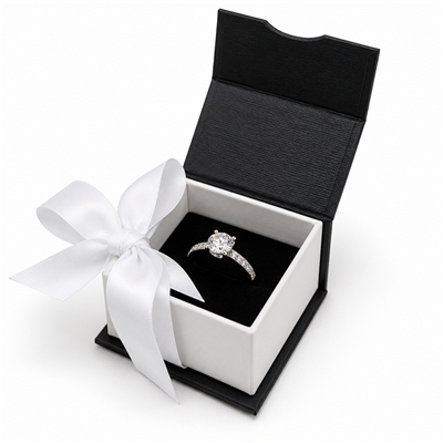 Black Magnetic Ribbon Ring Box with White Satin Bow and Black Insert