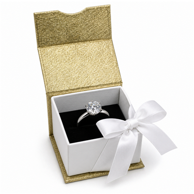 Gold Magnetic Ribbon Ring Box with White Satin Bow and Black Insert