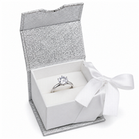 Silver Magnetic Ribbon Ring Box with White Satin Bow and White Insert
