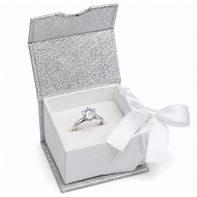 Silver Magnetic Ribbon Ring Box with White Satin Bow and White Insert